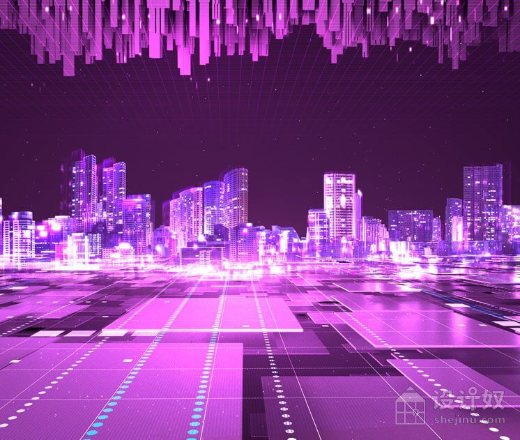 紫色数字城市虚拟世界元宇宙空间海报背景素材 【PSD】