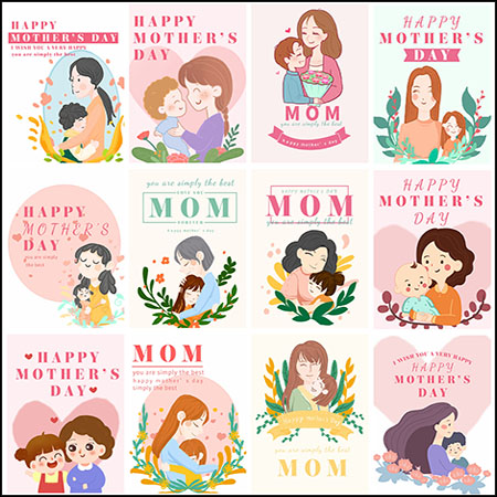 24款妇女节母亲节快乐手绘插画海报PSD分层模板